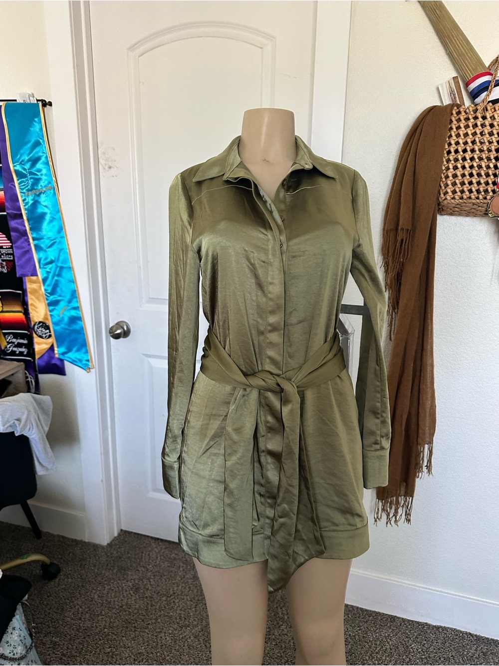 REVOLVE Olive Green Satin Tie-Waist Mini Shirt Dress